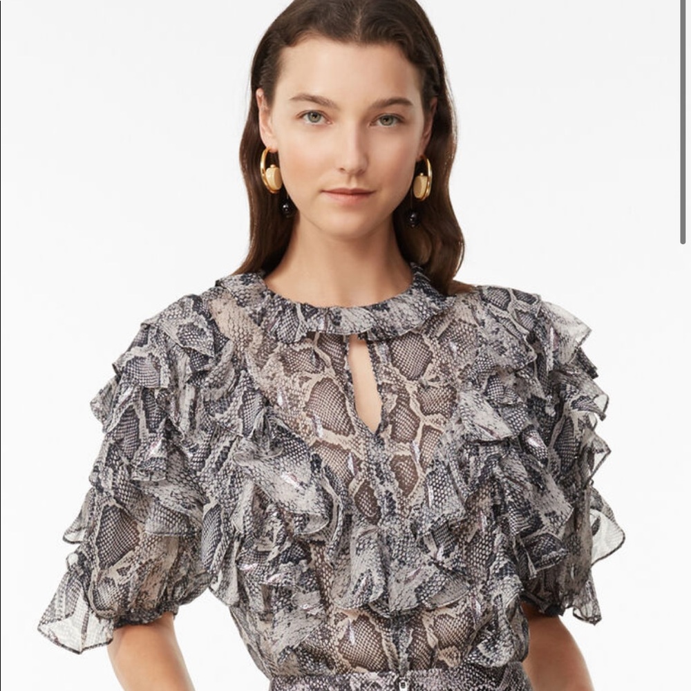 Rebecca Taylor Snake Print Clip Ruffle Silk Top 0